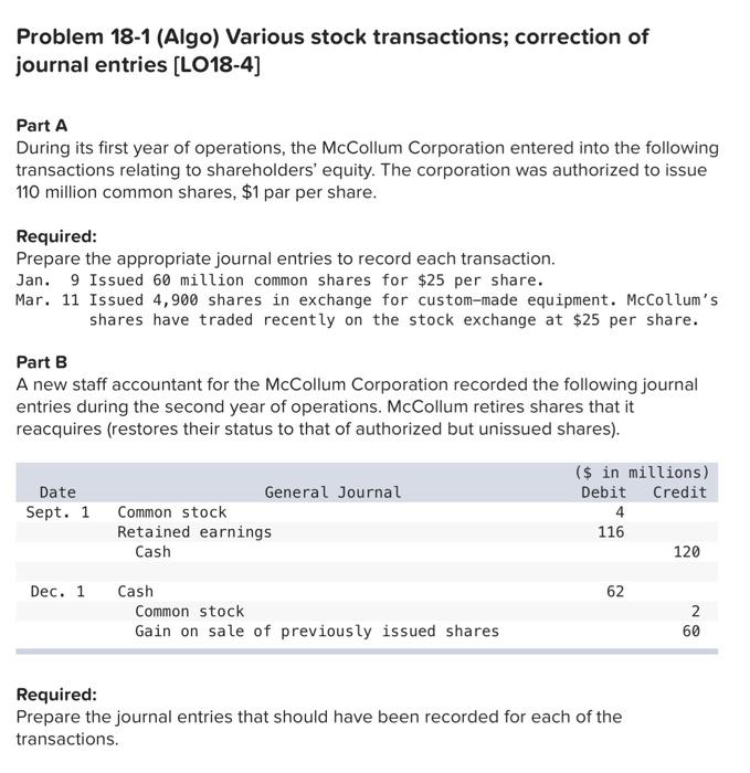 Solved Problem 18−1 (Algo) Various stock transactions; | Chegg.com