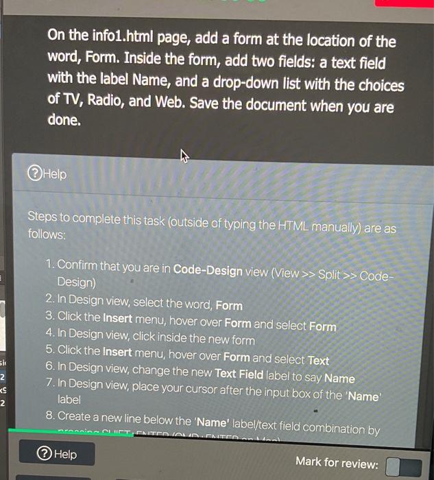 Solved On the info1.html page, add a form at the location of | Chegg.com
