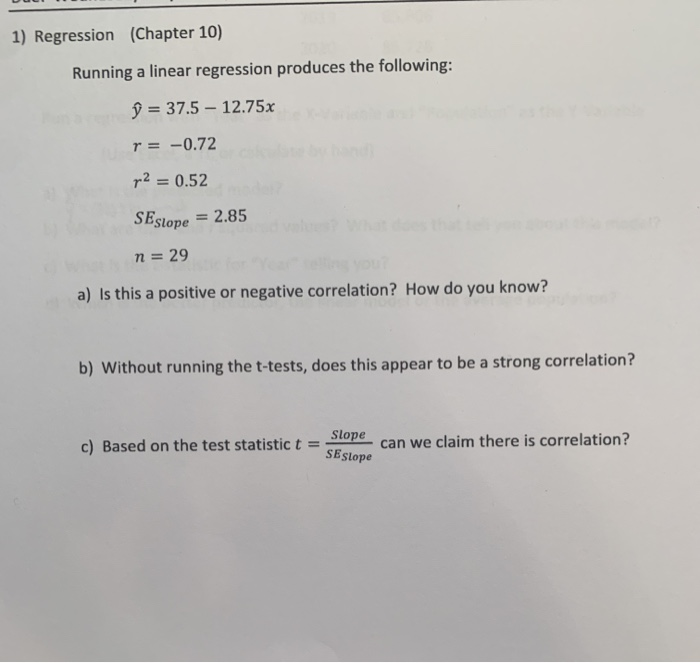 Solved 1) Regression (Chapter 10) Running a linear | Chegg.com