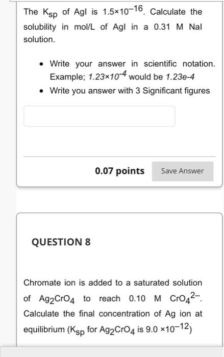 Solved The Ksp of Agl is 1.5x10 16. Calculate the solubility