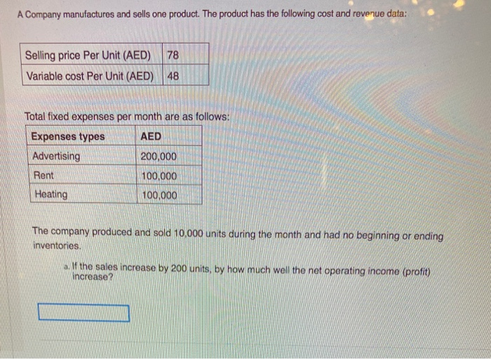 Solved A Company manufactures and sells one product. The | Chegg.com