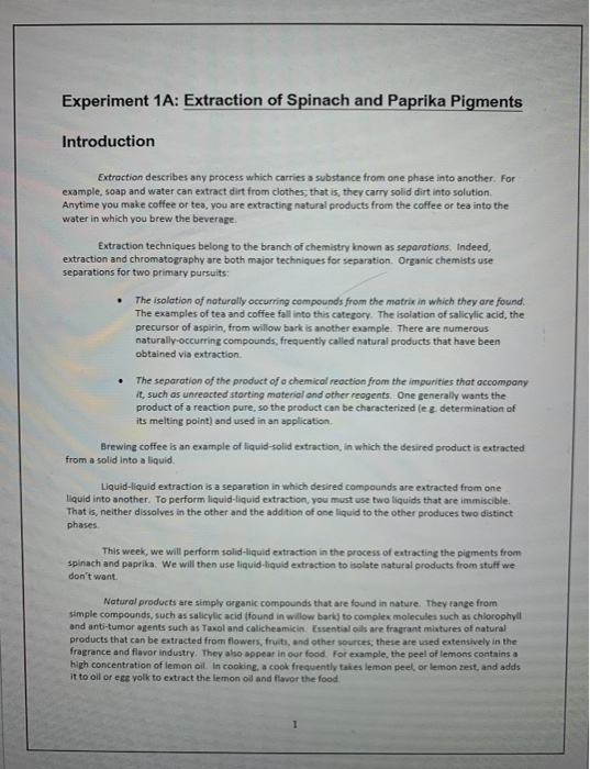 Solved Experiment 1A Extraction of Spinach and Paprika