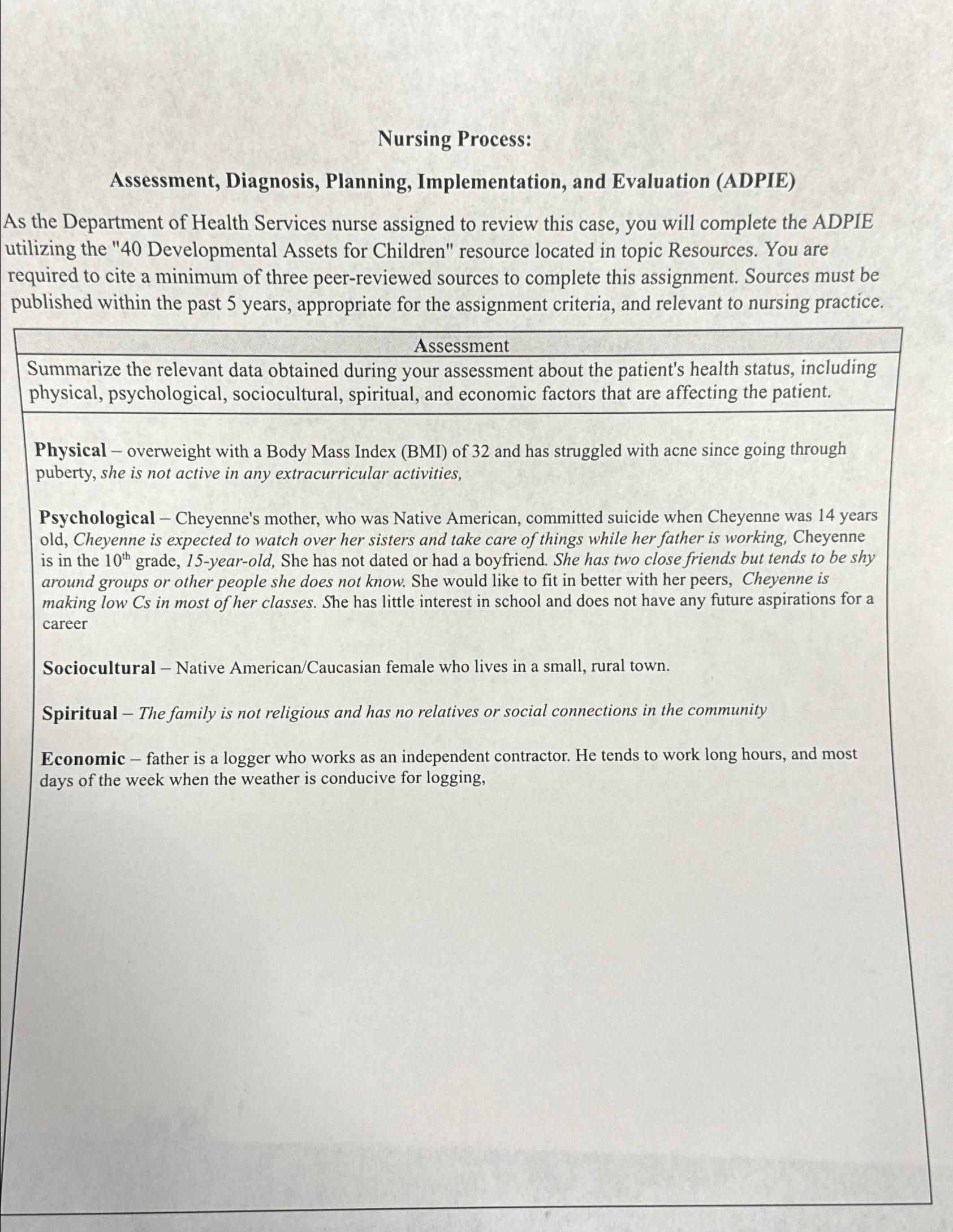 Solved Nursing Process:Assessment, Diagnosis, Planning, | Chegg.com
