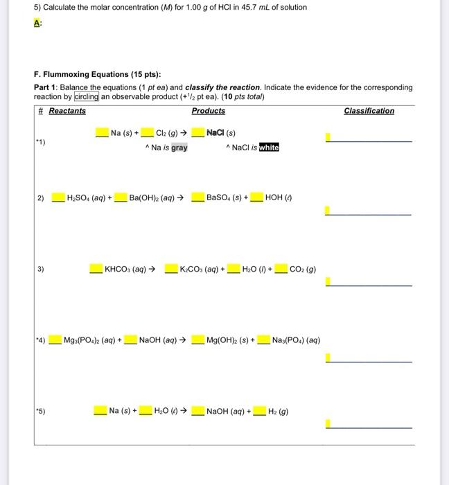 Solved 5) Calculate the molar concentration (M) for 1.00 g | Chegg.com