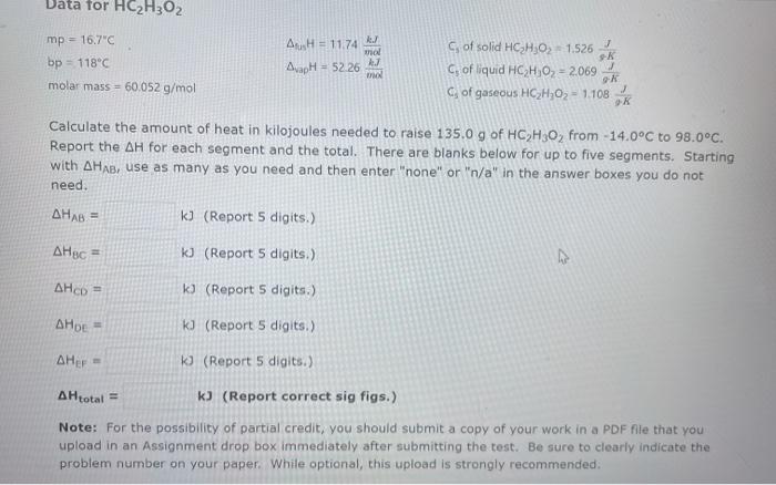 Solved Data for HC2H302 . who mp = 16.7