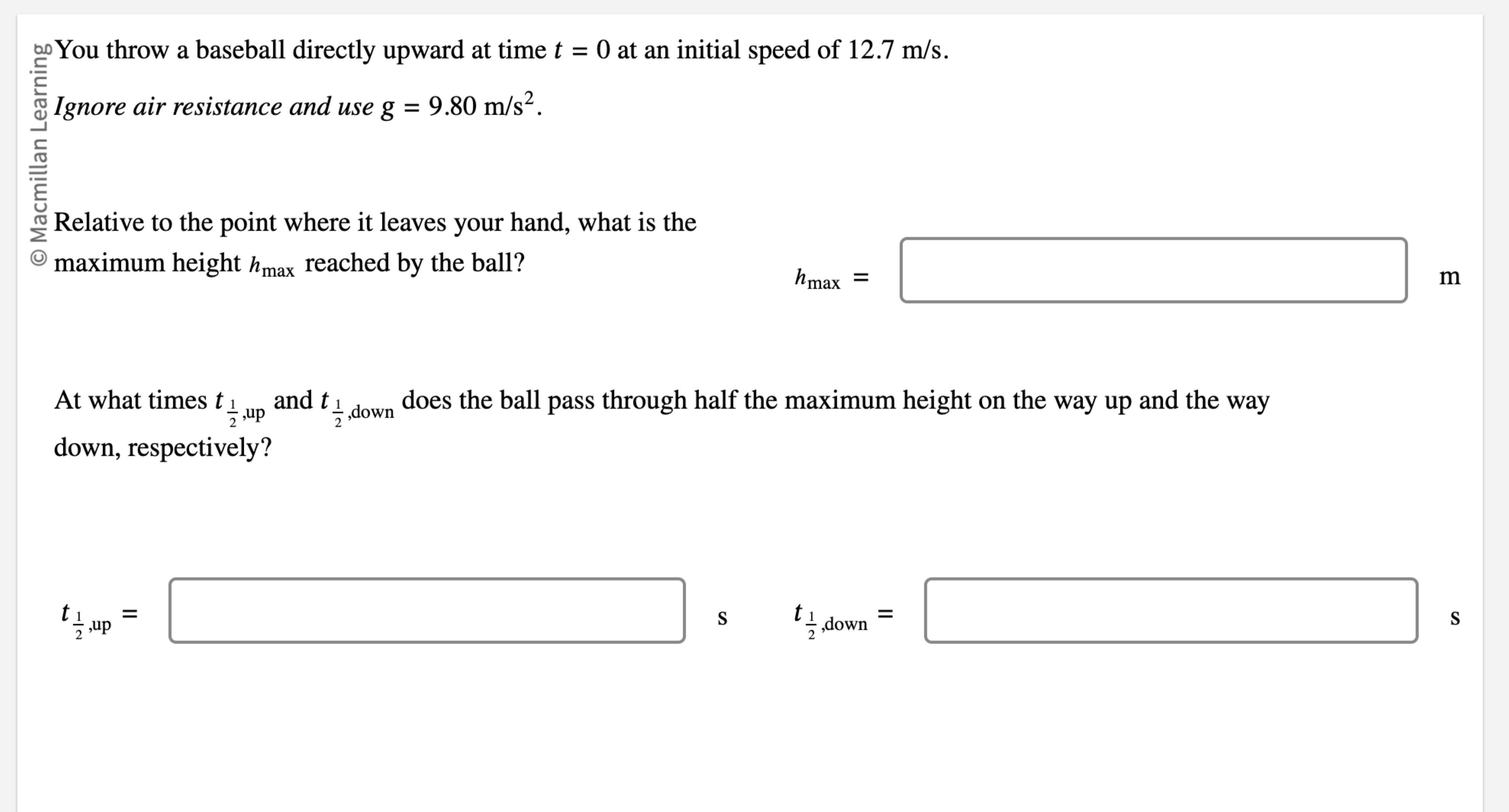 Solved . \sim You throw a baseball directly upward at time