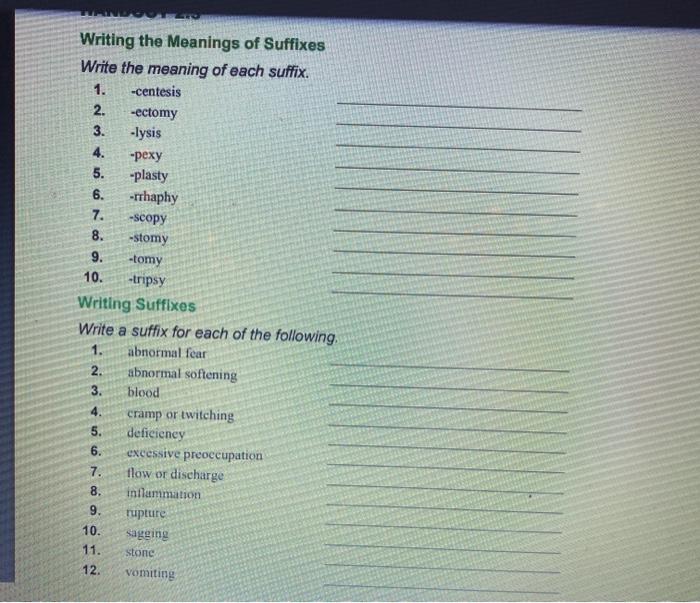 Writing the Meanings of Suffixes Write the meaning of each suffix. 1. -centesis 2. -ectomy 3. -Iysis 4. -pexy 5. -plasty 6. -