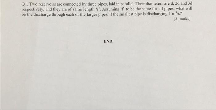 Solved Q1. Two reservoirs are connected by three pipes, laid | Chegg.com