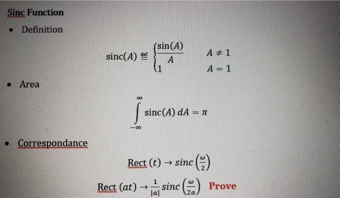 Solved Sinc Function . Definition (sin(A) A# 1 sinc(A) del А | Chegg.com