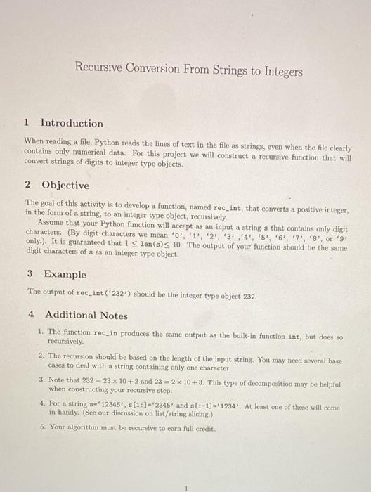 Solved Recursive Conversion From Strings to Integers 1 | Chegg.com