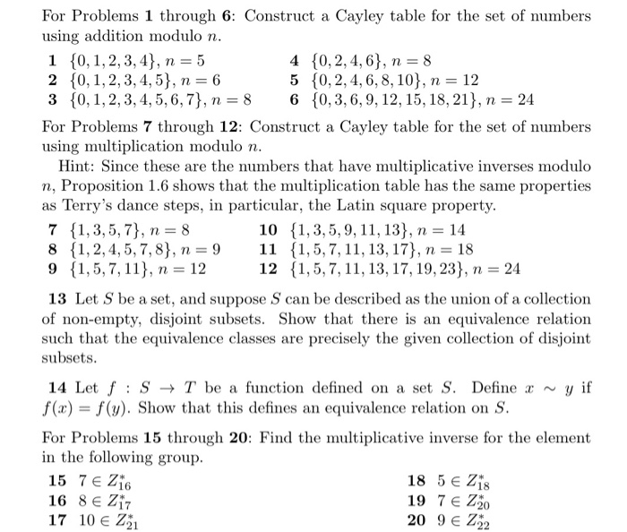 Solved For Problems 1 through 6: Construct a Cayley table | Chegg.com