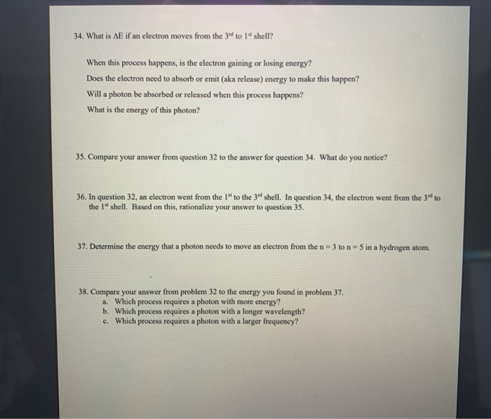 Solved 34. What is AE if an electron moves from the 3rd to | Chegg.com