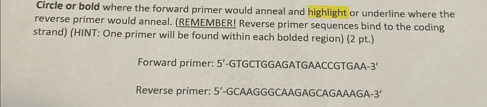 Solved Circle or bold where the forward primer would anneal | Chegg.com