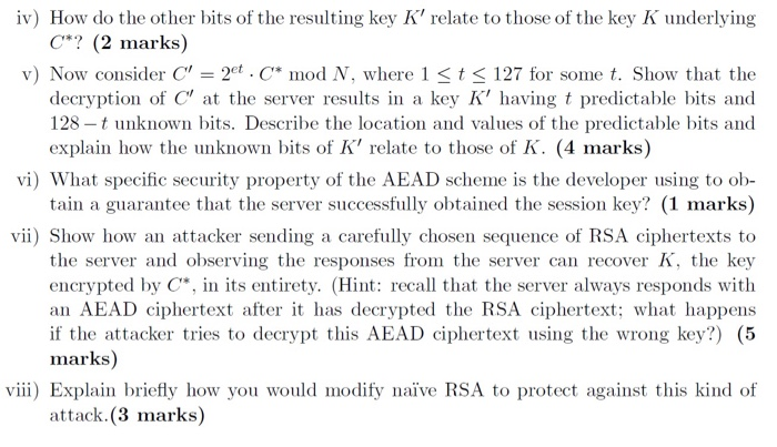 Solved Iv Bits Resulting Key K Relate Key K Underlying C 2 Marks V Consider C 2et C Mod N 1 Q