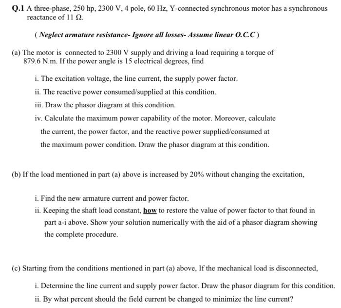 Solved Q.1 A three-phase, 250 hp, 2300 V, 4 pole, 60 Hz, | Chegg.com
