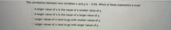 Solved The correlation between two variables and y is -0.94. | Chegg.com