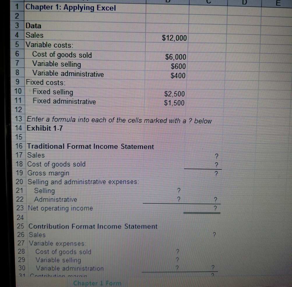 Solved 1 Chapter 1: Applying Excel 2 3 Data 4 Sales $ 12,000 | Chegg.com