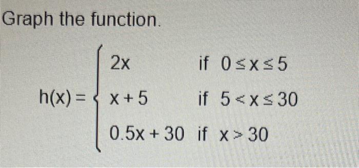 Graph the function. \[ h(x)=\left\{\begin{array}{ll} 2 x & \text { if } 0 \leq x \leq 5 \\ x+5 & \text { if } 5<x \leq 30 \\