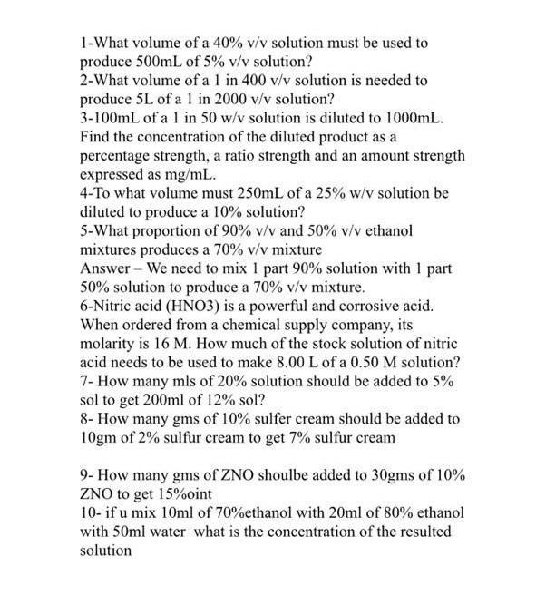 Solved 1-What volume of a 40% v/v solution must be used to | Chegg.com