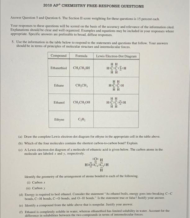 Solved 2010 AP CHEMISTRY FREERESPONSE QUESTIONS Answer