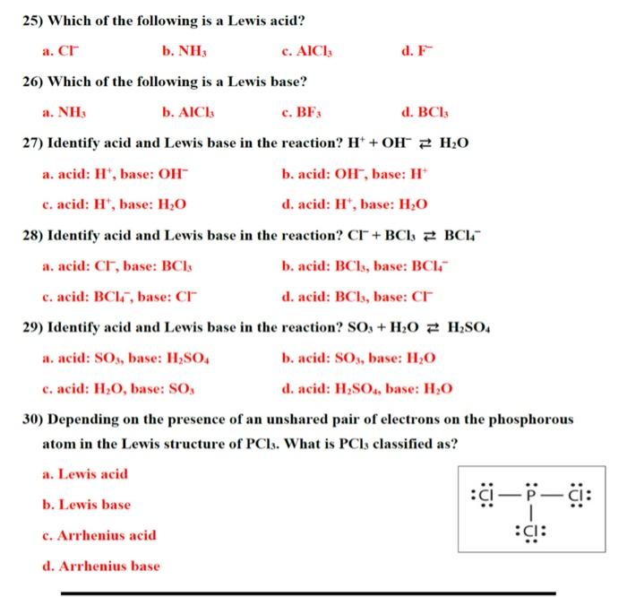 Solved 25) Which of the following is a Lewis acid? a. Cl− b. | Chegg.com