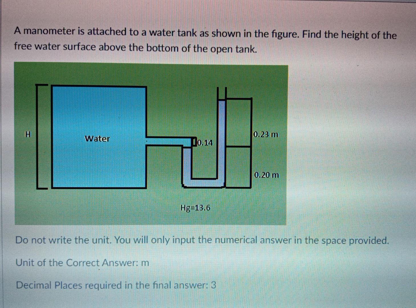 Solved A manometer is attached to a water tank as shown in