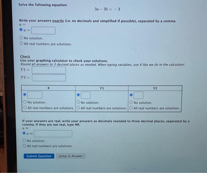 Solved Solve the following equation: 3a - 20 = - 3 Write | Chegg.com