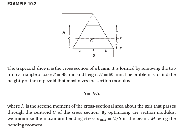 EXAMPLE 10.2
a
B.
b
C
-X
The trapezoid shown is the cross section of a beam. It is formed by removing the top
from a triangle