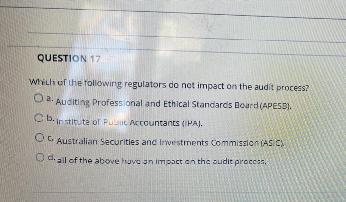 QUESTION 17
Which of the following regulators do not impact on the audit process?
O a. Auditing Professional and Ethical Stan