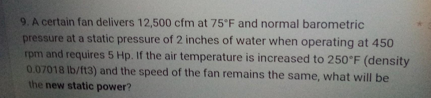 Solved 9. A certain fan delivers 12,500cfm at 75∘F and | Chegg.com