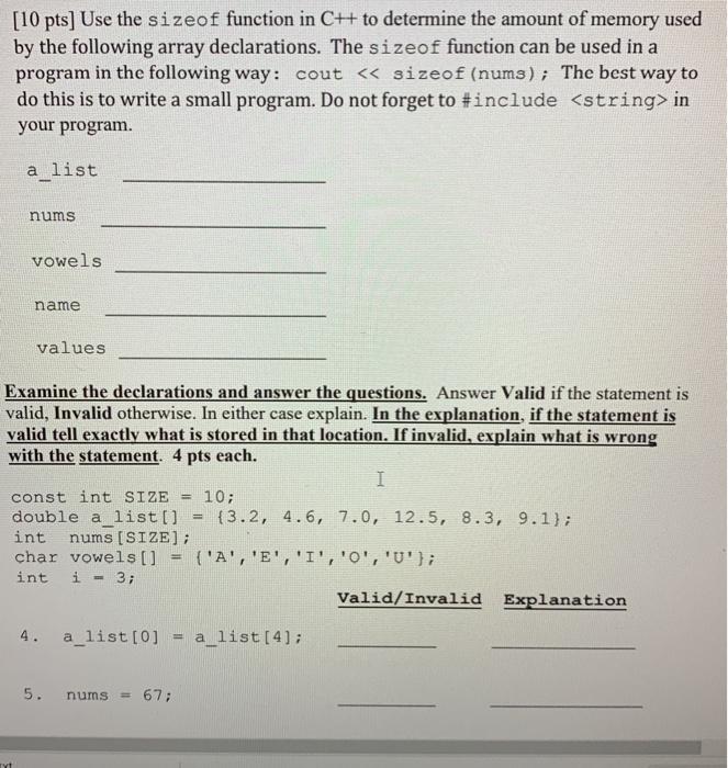 Solved Consider the following declarations in the function | Chegg.com