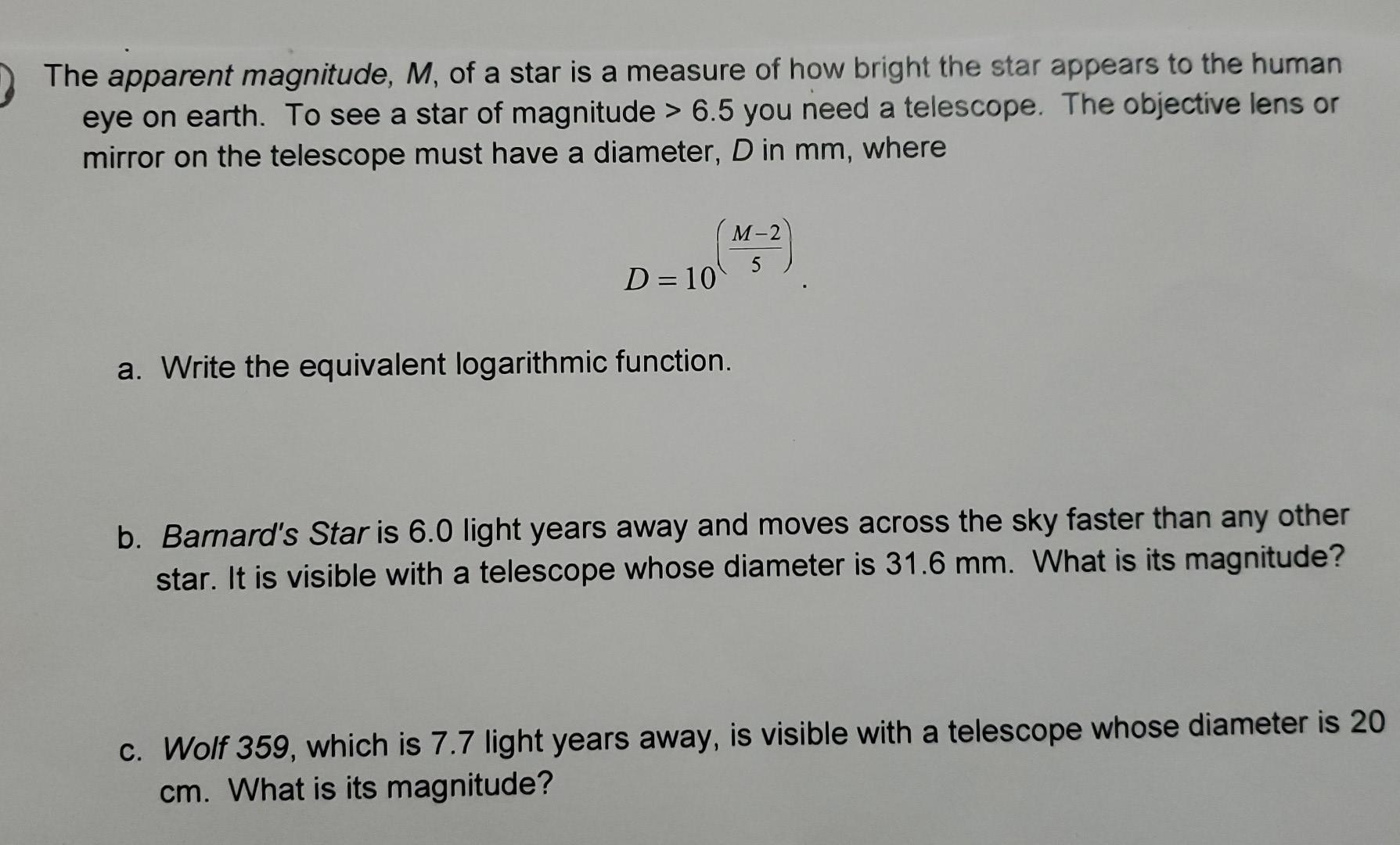 Solved The apparent magnitude, M, of a star is a measure of | Chegg.com