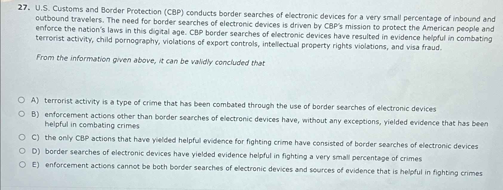 Solved U.S. ﻿Customs And Border Protection (CBP) ﻿conducts | Chegg.com