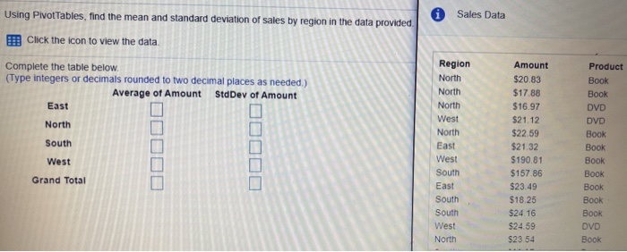 Solved Using Pivot Tables, find the mean and standard | Chegg.com