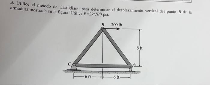 3. Utilice el método de Castigliano para determinar el desplazamiento vertical del punto \( B \) de la armadura mostrada en l