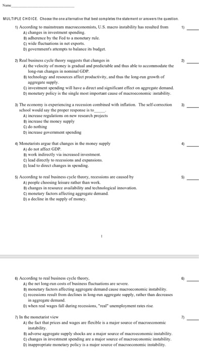 Solved MULTIPLE CHOICE Choose the one alternative that best | Chegg.com
