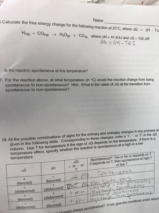 Solved 5. Calculate the free energy change for the following | Chegg.com