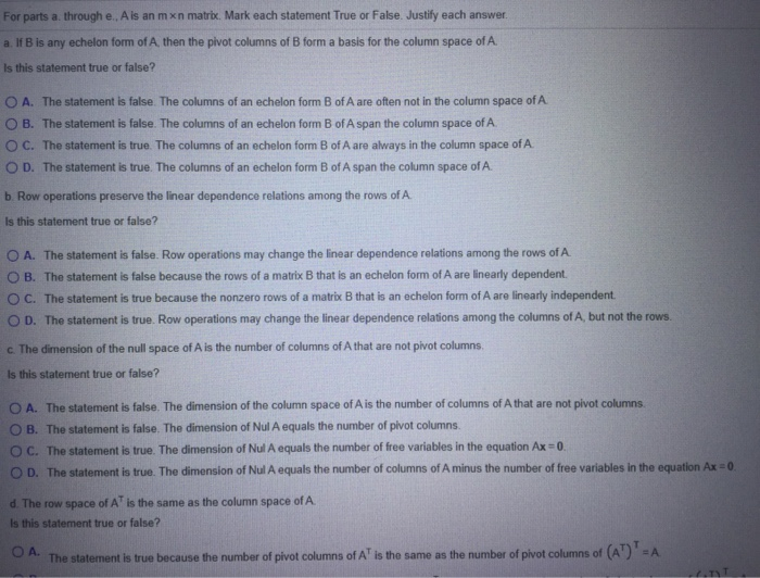 Solved For parts a through e. Ais an mxn matrix. Mark each