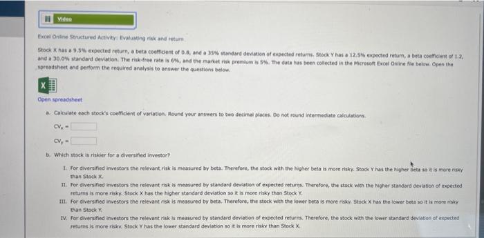 Solved Excel Onlne Structured Activity: Evaluating ritk and | Chegg.com