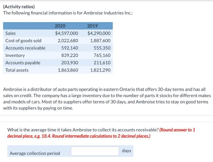 Solved Activity Ratios The Following Financial Informat Chegg Com