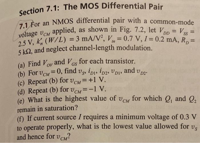 Solved Section 7.1: The MOS Differential Pair 7.1 For An | Chegg.com