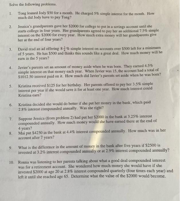 Solved Solve the following problems. 1. Tong loaned Jody 50