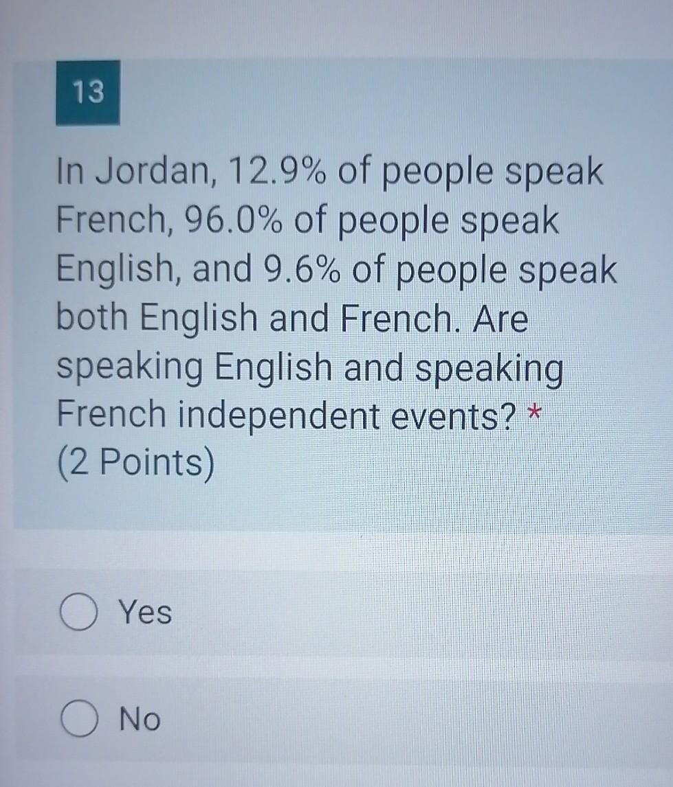 Solved 13 In Jordan 12 9 Of People Speak French 96 0 Of Chegg Com