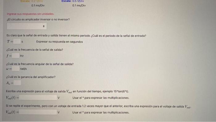 ingrese sus respuestas sin unidades. ¿Et circulto es amplicador inversor o no inversor? Es claro que la señal de entrada y sa