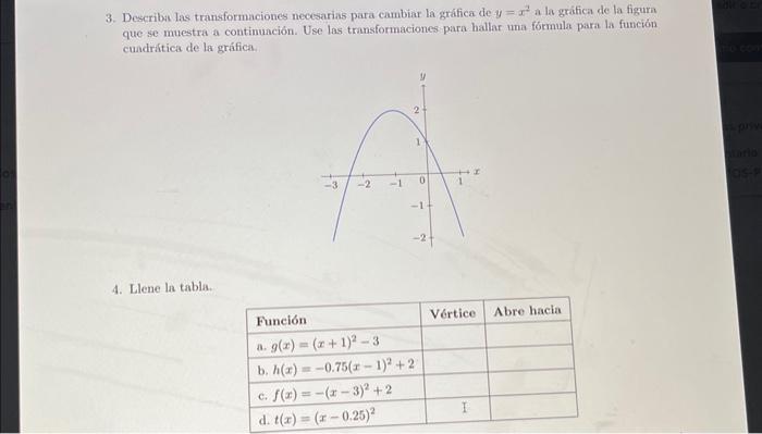 3. Describas las transformaciones necesarias para cambiar la grafica de \( y=x^{2} \) a la gráfica de la figurn que se muestr