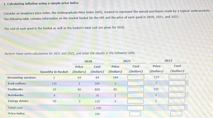 Solved 1. Calculating inflation using a simple price index | Chegg.com