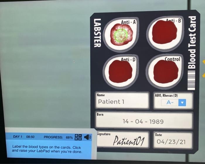 Solved AntiA AntiB LABSTER TONI Blood Test Card AntiD