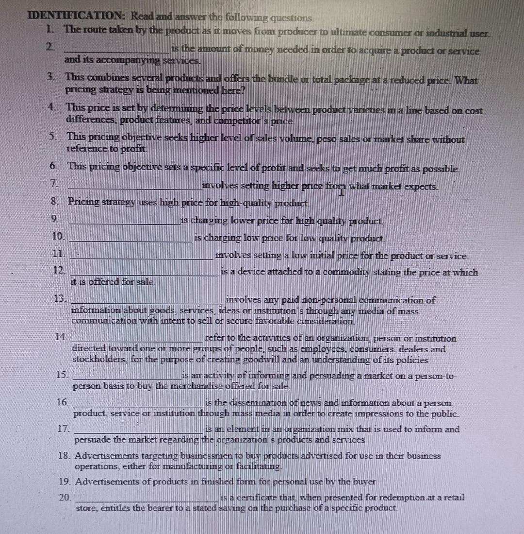 Solved IDENTIICICATION: Read and answer the following | Chegg.com