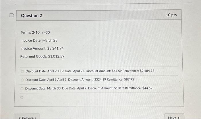 Question 2 Terms 2 10 N 30 Invoice Date March 28 Chegg