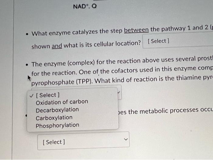 • What enzyme catalyzes the step between the pathway 1 and 2 (
shown and what is its cellular location? [Select]
NAD*. Q
• Th